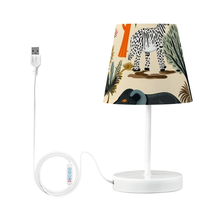 Elephant LED Bedside Table Lamp – Wood Base, Linen Shade, USB Port, Warm Non-Flickering Light – Perfect For Bedroom, Nursery, Or Desk