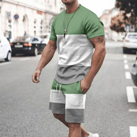 Men's Casual Short Sleeve T-Shirt and Shorts Set with Color Block Design for Sports and Daily Wear