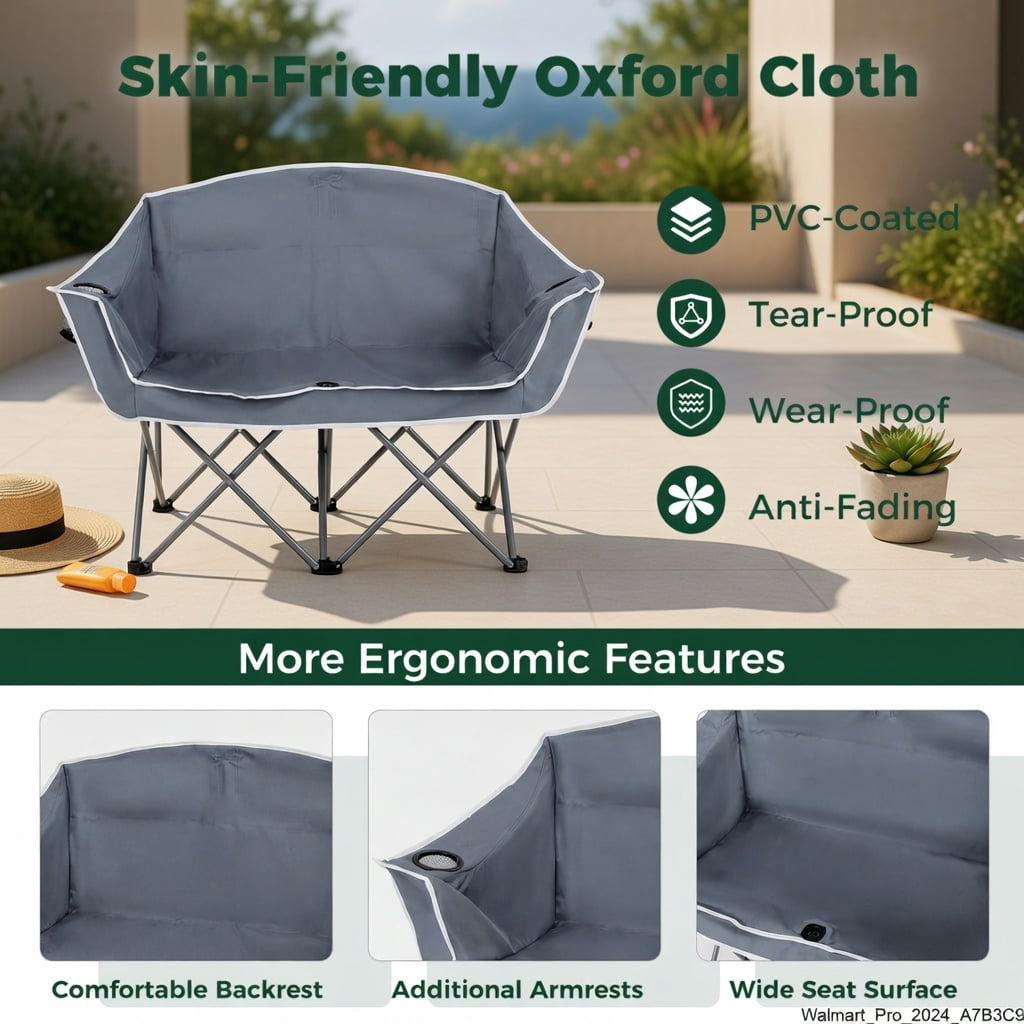 Hommoo Duo Portable Oversized Camping Loveseat Chair with Armrests, Dual Mesh Cup Holders & Heavy-Duty Steel Frame, Gray