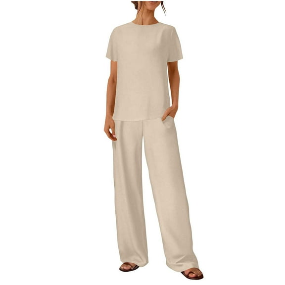 DecSea 2 Piece Outfits for Women Elastic Waist Long Pants Summer Short Sleeve Tops Loose Comfy Lounge Set with Pocket