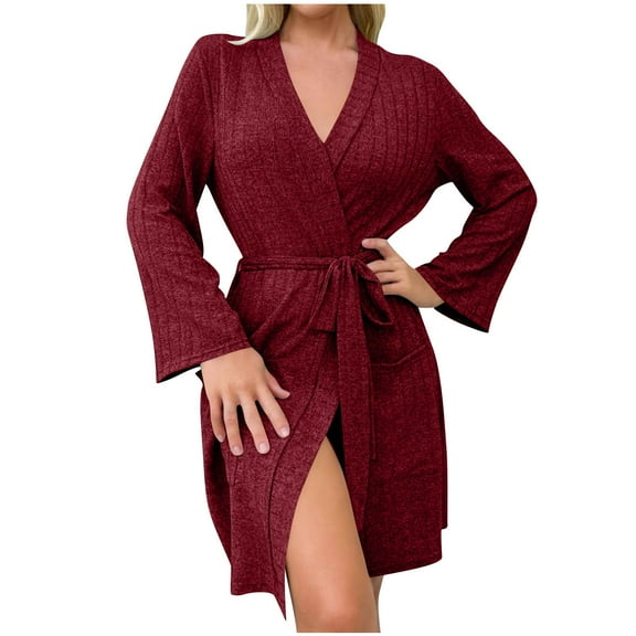 Oksale Ribbed Knit Bath Robes for Women with Pockets Soft Long Sleeve Robes Belted Midi Nightgown for Home Cozy Warm Loungewear 2025 Wine S