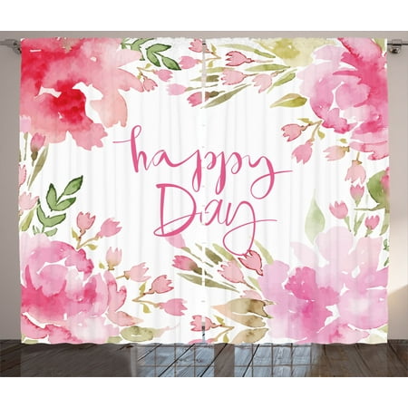 Country Curtains 2 Panels Set, Abstract Farm Style Image of Watercolor Flowers Leaves Frame Like Image, Window Drapes for Living Room Bedroom, 108W X 63L Inches, Pale Pink and Green, by Ambesonne