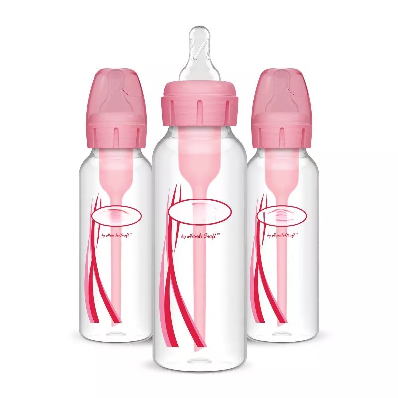 3-Pack 8 oz Pink Narrow Anti-Colic Baby Bottles with Level 1 Slow Flow Nipples, Vacuum-Free Feeding Bottles for Newborns 0 Months and Up, Helps Reduce Spit-Up, Burping and Gas