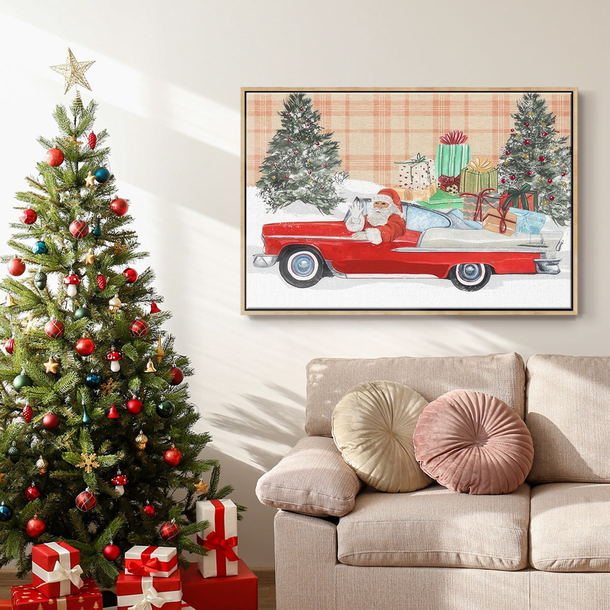 Santa on Wheels Collection A - Framed Gallery Wrapped Holiday Canvas - 17 x 25 - Natural Wood Frame