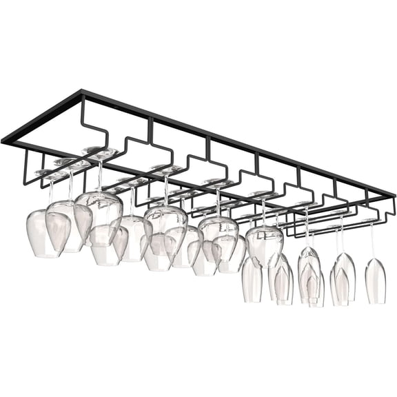 7-Row Stemware Rack - Under Cabinet Wine Glass Holder - Black Metal Hanging Shelf for Kitchen and Bar - Holds Up to 22 Glasses