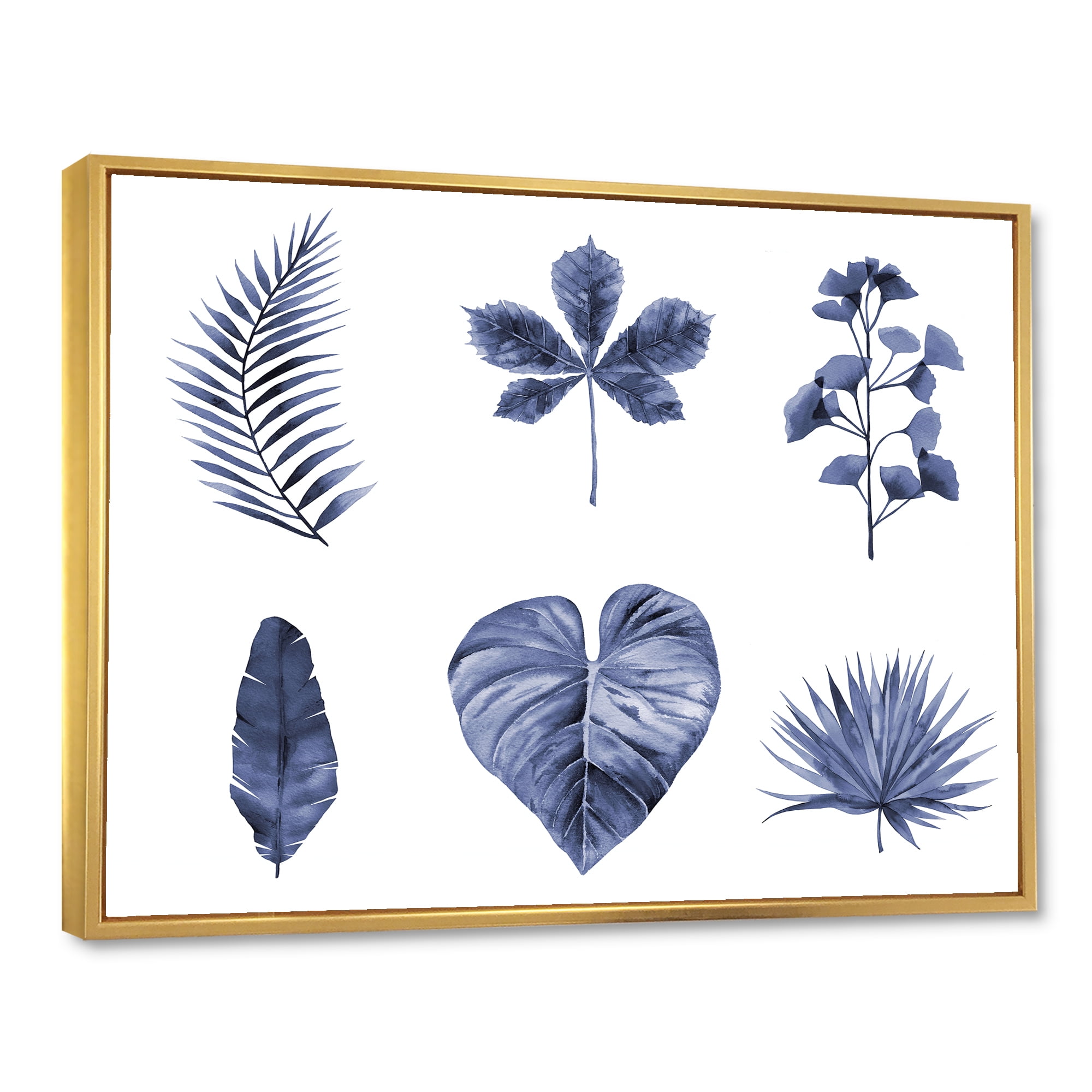 Designart 'Abstract Set Of Plant Leaves Blue' Traditional Framed Canvas Wall Art Print