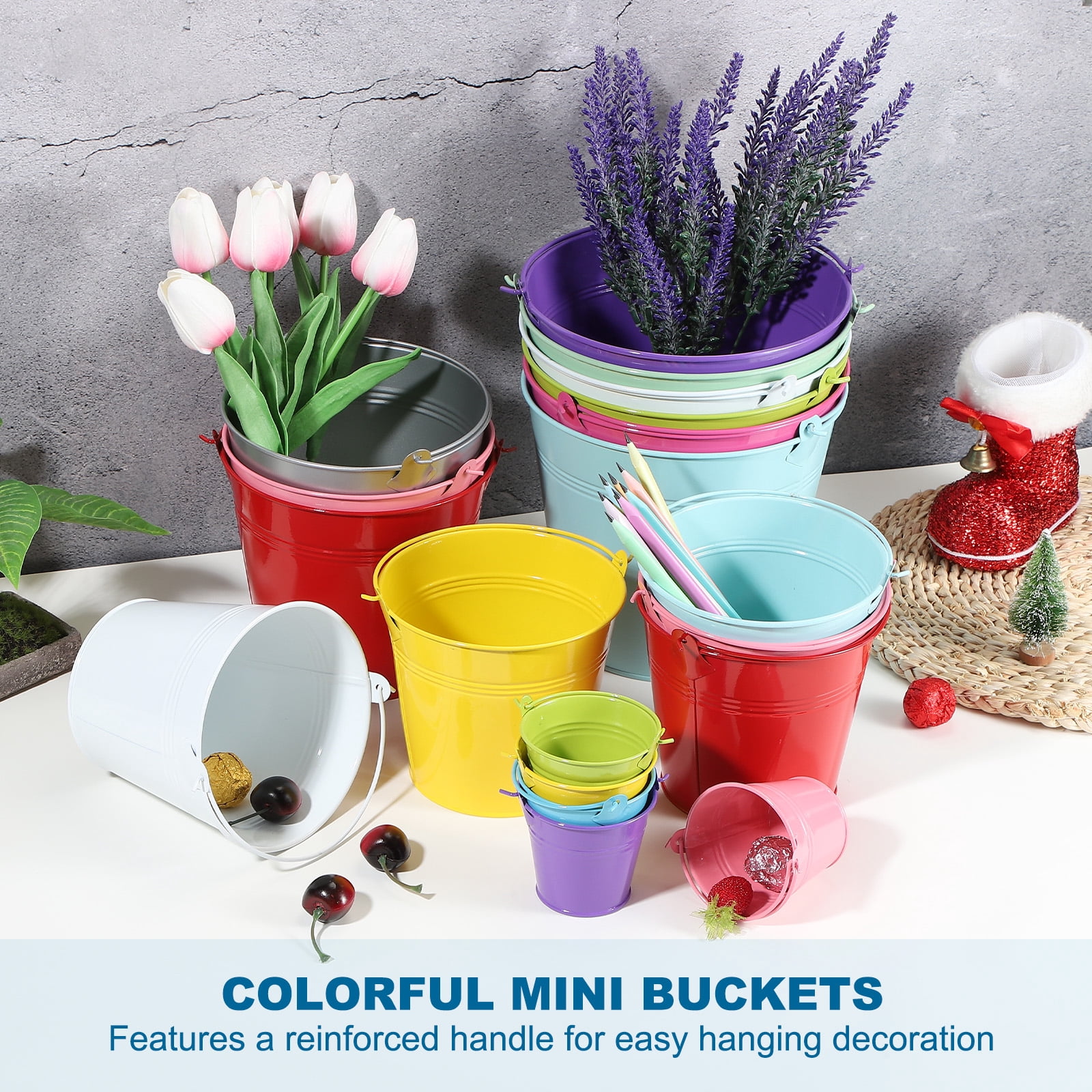 Small Metal Buckets with Handle Mini Galvanized Bucket Colorful Easter Buckets Green/Yellow/Orange/Blue/Light Purple/Purple 5"x4.7" 6 Pcs
