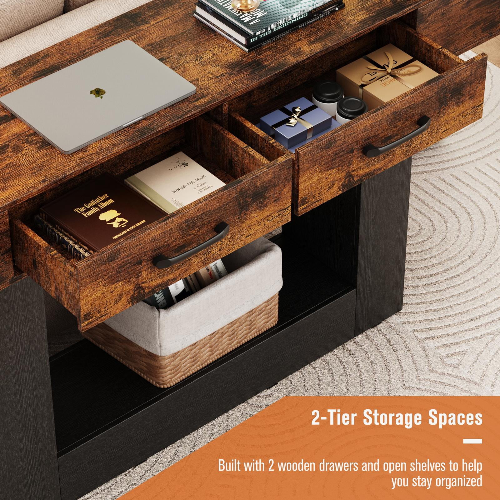 Console Tables for Entryway, Holaki 63" Long Console Table, Modern Farmhouse Entryway Table with Outlet, LED Strip & 2 Drawers for Living Room Office