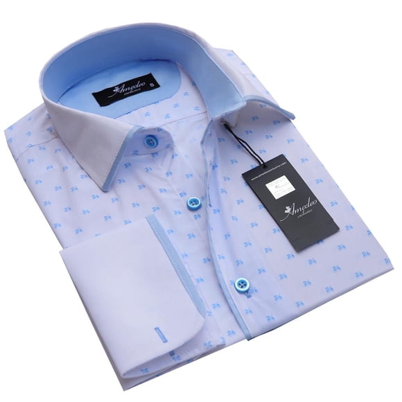 Amedeo Exclusive Chemises Habillées pour Hommes Blanches avec Bleu Pâle Coupe Ajustée à Poignets Français avec Trous pour Boutons de Manchette - Décontractées et Formelles, TG