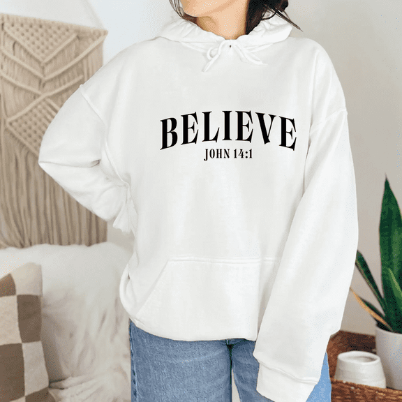 Believe 14:1 Bible Verse Print Tops for Women & Men Classic Christian Sweatshirts Long Sleeve Faith Hoodie Casual Pullover Inspirational Apparel for Daily Outfits White,S