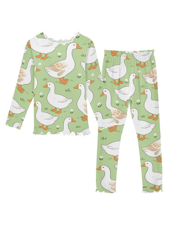 Goose Duck Flower Pattern Girls Pajama Set Soft Warm 2-Piece Long Sleeve Sleepwear Soft Warm Cozy 2T