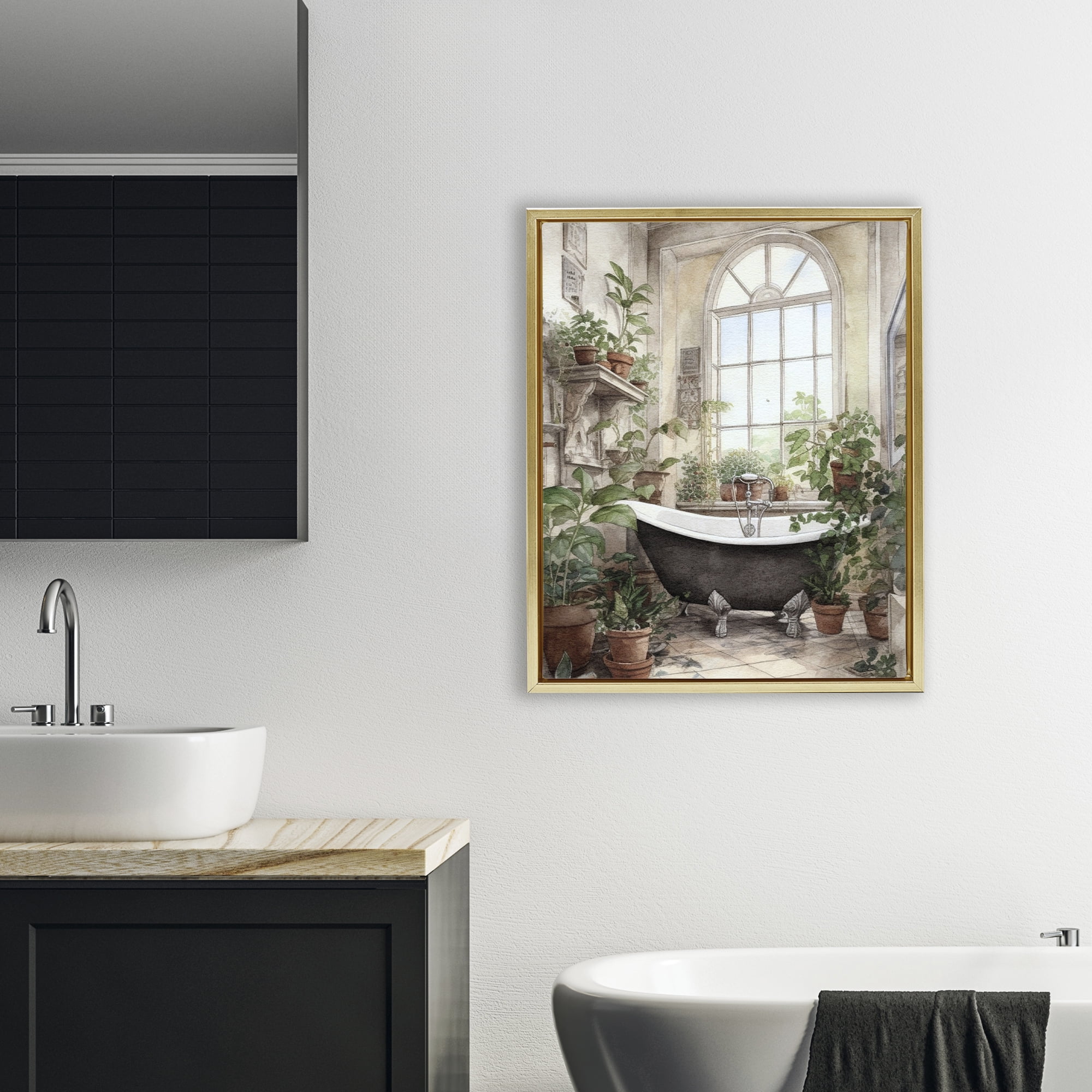 Vintage Sun Lit Bathtub Gold Framed Floater Canvas Wall Art, design by Lettered and Lined