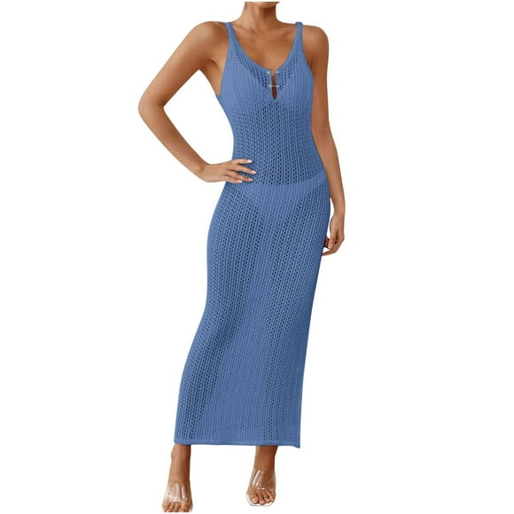 Brnmxoke Womens Crochet Cover Up Summer 2026 Backless Sheer Beach Dresses See Through V Neck Holiday Bathing Suit Midi Dress Blue,S