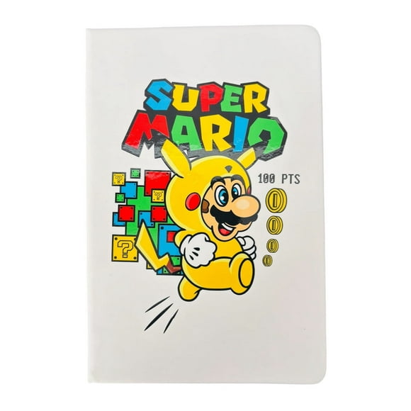 Libreta estilo francés blanca con hojas rayadas, Mario Bros , mide 14 cm de ancho por 21 cm de largo.
