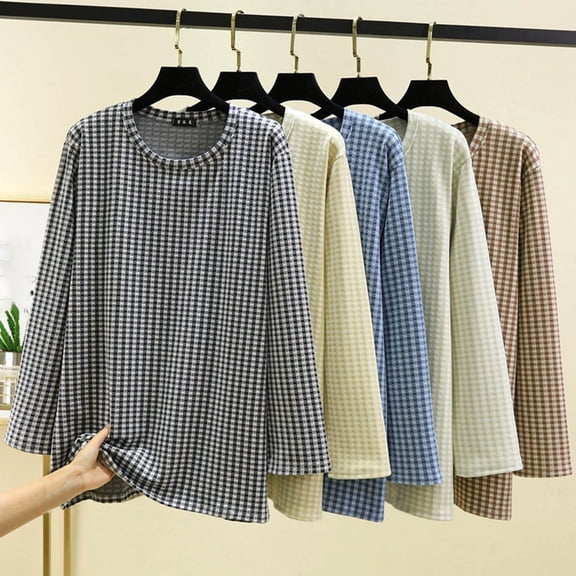 aidice Pajama Tops for Women Plaid Thermal Warm Crewneck Long Sleeve Tops Casual Loose Fitted Blouse