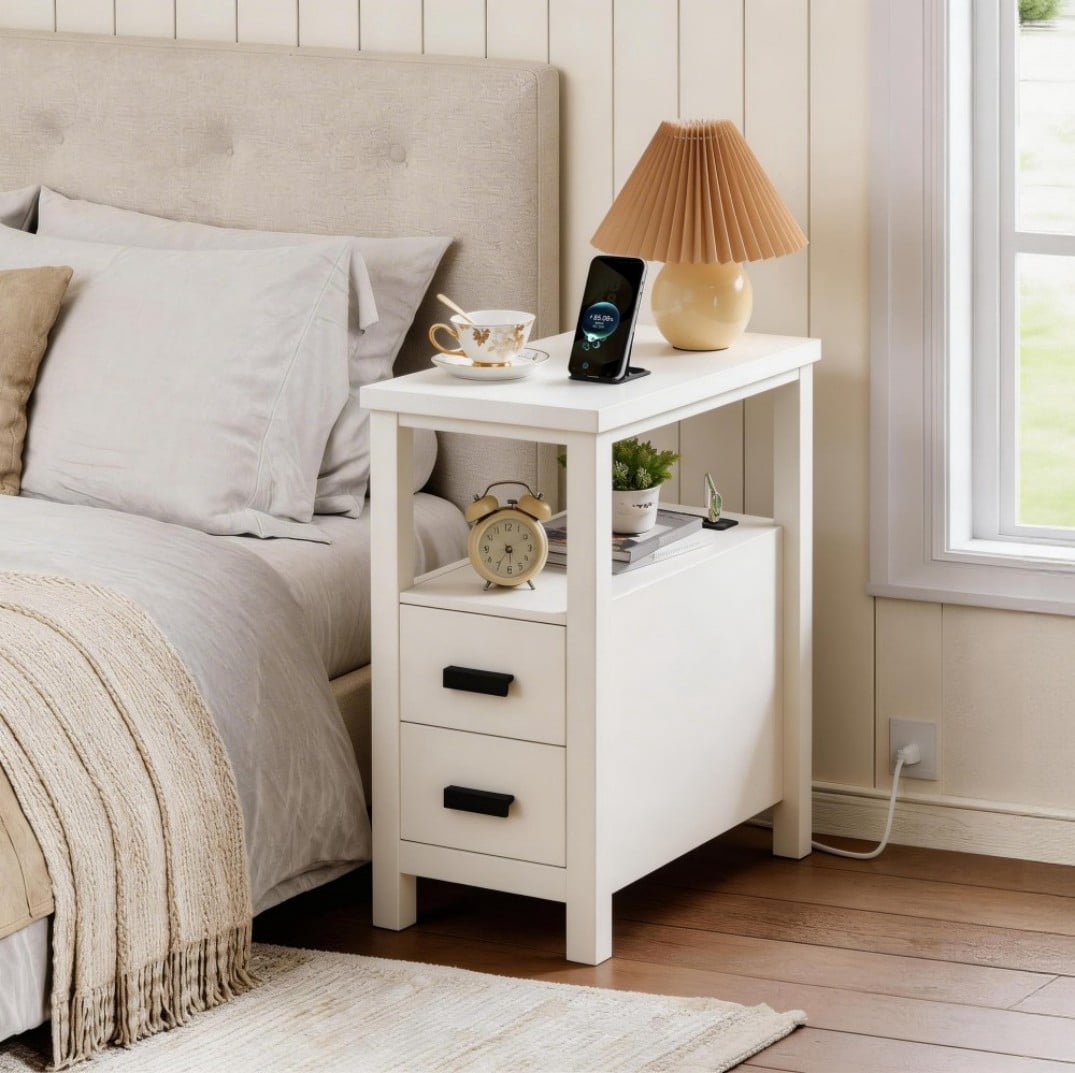 End Table with Charging Station, 2 USB Ports & 2 Outlets, 2-Drawer Nightstand, Small Wood Bedside Table, Rustic Side Table for Bedroom & Office, White