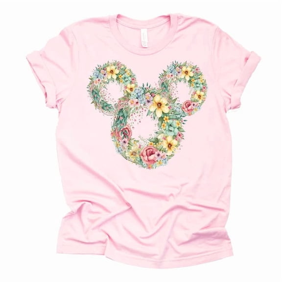 Mickey Springtime Wreath Flower and Garden Vacation Shirt Unisex Casual Short Sleeve (Light Pink-2X Large)