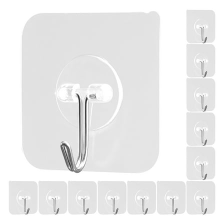 KFFKFF 12 Pack Adhesive Hooks, Self-Stick Towel and Coat Hangers, Heavy-Duty Wall Hooks Hold Up to 15 lbs, Stainless Steel Sticky Hooks for Bathroom, Kitchen, Towels, Coats, and Keys (Transparent)