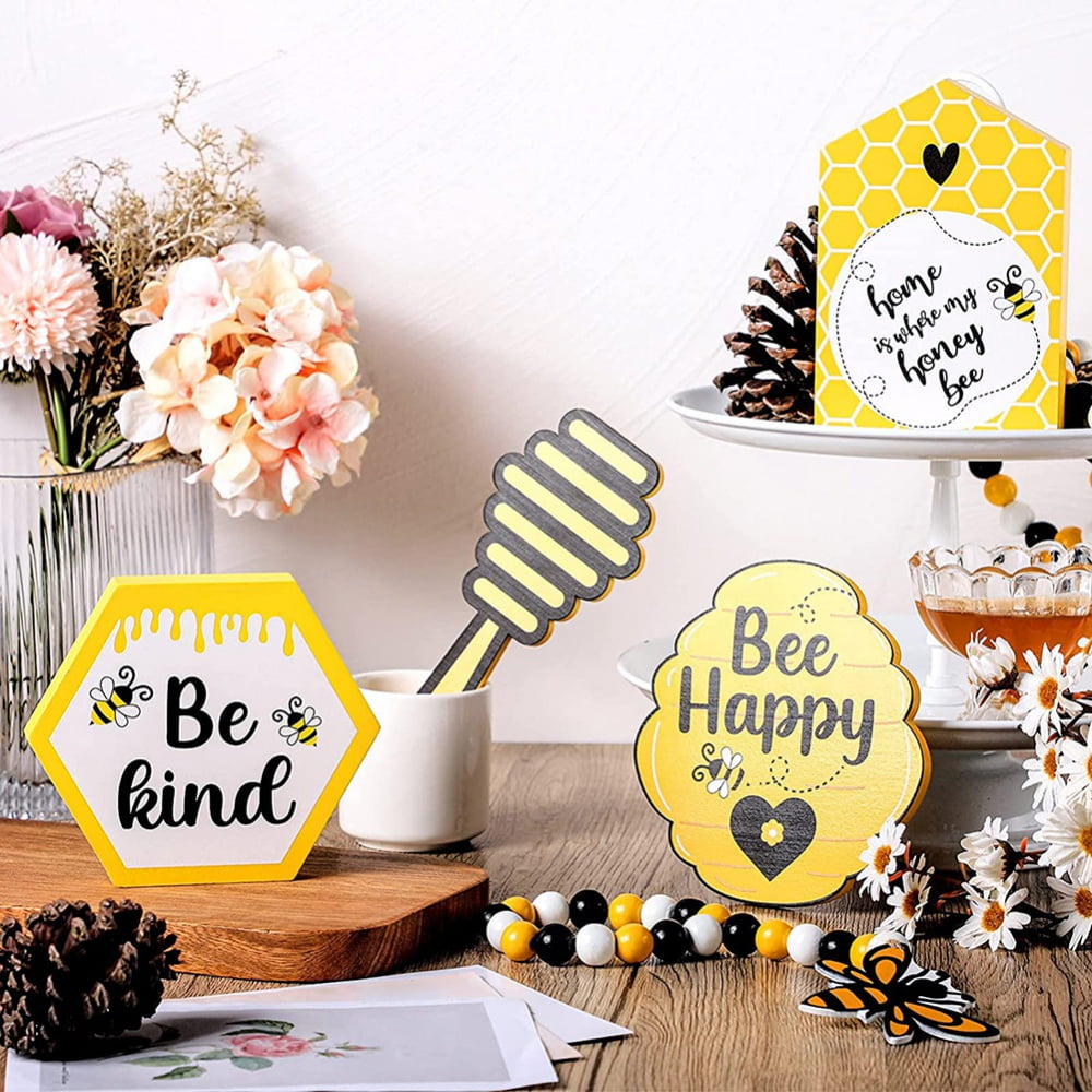 Doolland 7 Pcs Farmhouse Honey Bee Tiered Tray Sign, MDF Bee Sign Kitchen Table Decor, Wooden Honey Sign for Garden Party Decor, Bee Happy Kitchen