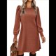 thumbnail image 3 of Vestido de Punto para Mujer con Mangas Abullonadas, Cuello Redondo, Informal, para Otoño e Invierno Rojo Ladrillo M, 3 of 6
