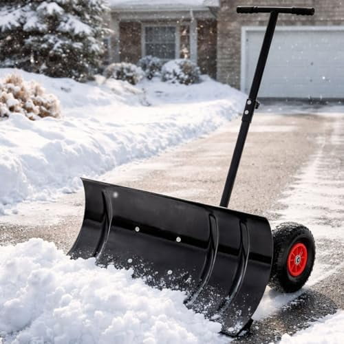 30" Snow Shovel with Wheels, Heavy Duty Adjustable Snow Pusher with 10-Inch Wheels, Multi-Angle Blade & Height-Adjustable Handle, Steel Snow Plow for Driveway & Sidewalk, Black$$Garden & Patio