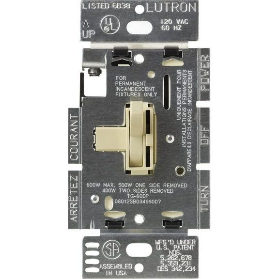 Lutron Toggler Dimmer Switch TG-600PH-IV - Single-Pole for Halogen/Incandescent - Ivory