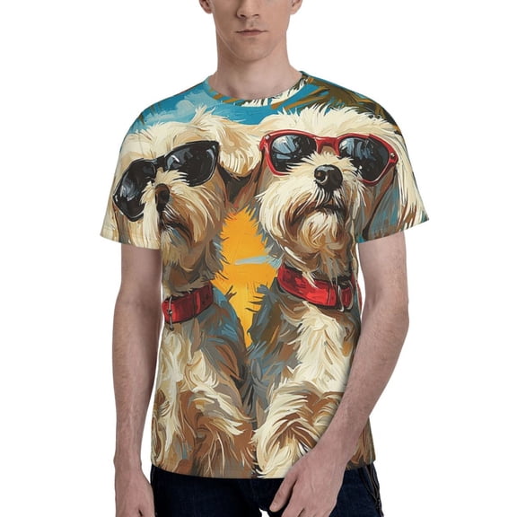 Men 3D Printed Short Sleeve Graphic T-Shirts Tops Tee, Westie Dogs Tropical Retro