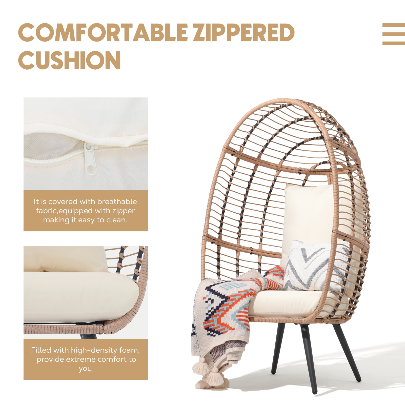 Simenmax Wicker Egg Chair, Outdoor Indoor Oversized Lounger Large Egg Basket Chair with Stand and Cushions for Patio Porch, Backyard, Living Room, Balcony,Beige