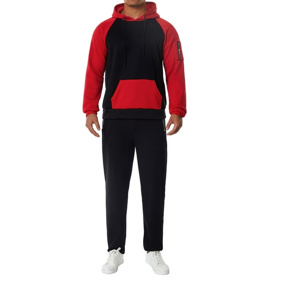 KOMOO 2 Piece Men Fitness Sports Pants Outfits Patchwork Drawstring Hooded Running Jogger Pants Sets