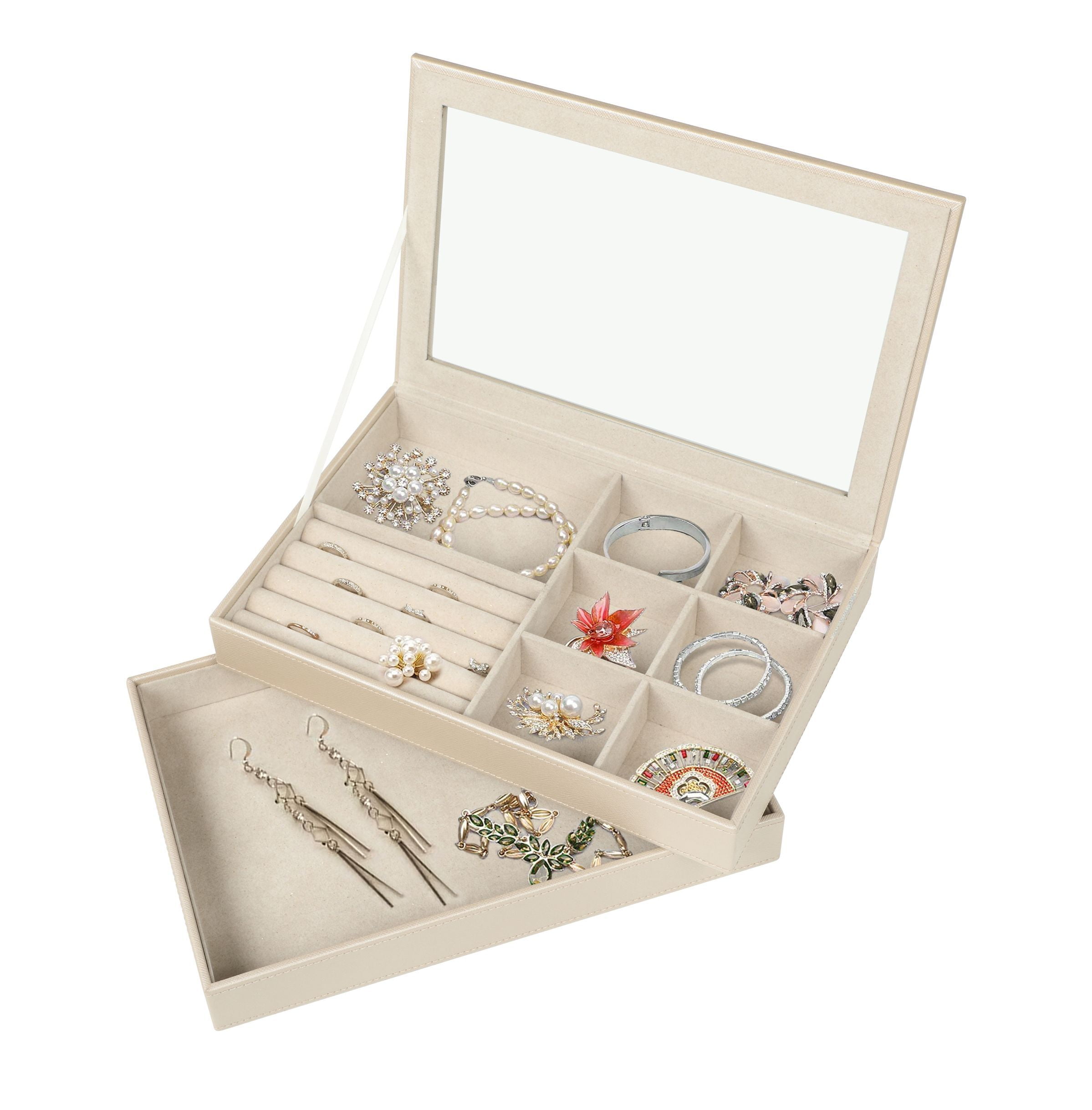 Hives and Honey Esther Womens Stackable White Jewelry Trays for Organizing with Glass Lid