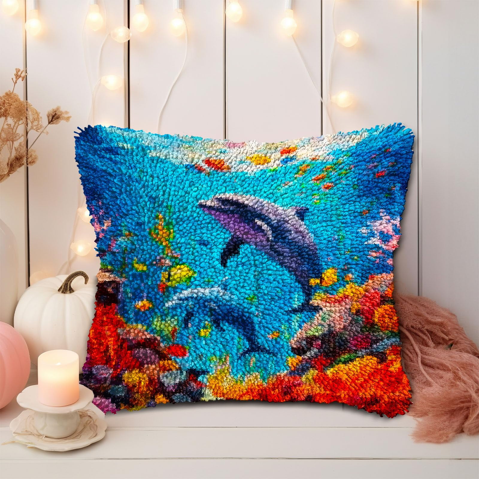 Undersea Scenery Dolphin Corals DIY Latch Hook Pillow Kits for Adults Printed Pillowcase Crochet Yarns Hooking Handmade Pillow Cover Cushion for Home Sofa Decoration 17x17inch