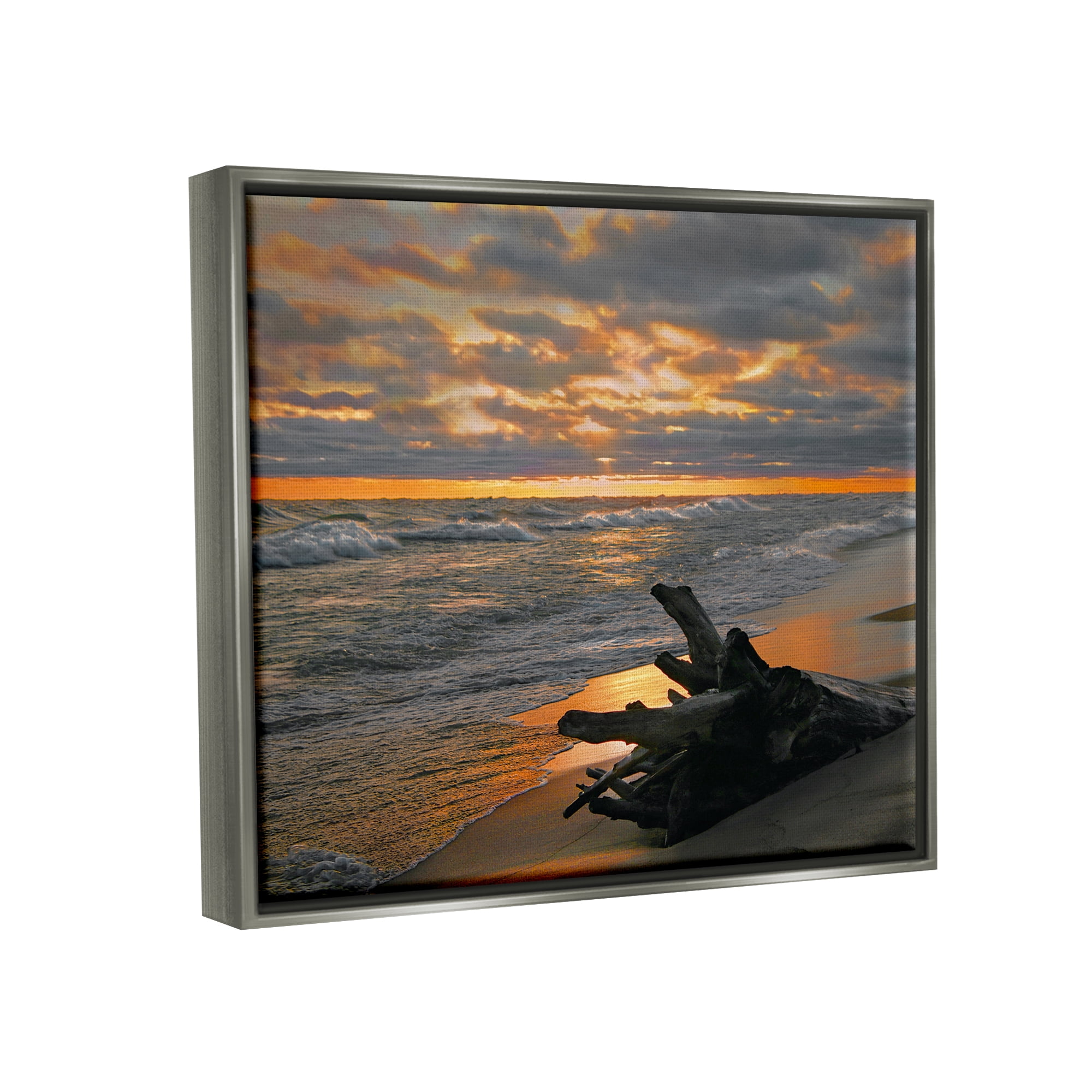 Stupell Industries Driftwood at Sunset Landscape Photography Gray Floater Framed Canvas Art Print Wall Art, 31 x 25