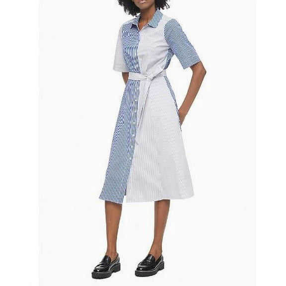 Calvin Klein Mixed Stripe Belted Shirt Dress, Navy/Light Blue Stripe, 6