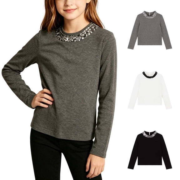 ITSAME Girls Long Sleeve Blouses Glitter Sequin Crew Neck Shirt Loose Fit Fall Comfy Casual Tops Gray Size 3T