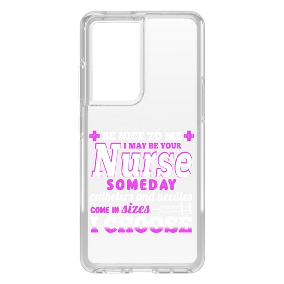 DistinctInk Clear Shockproof Hybrid Case for Galaxy S21 ULTRA 5G (6.8" Screen) - TPU Bumper Acrylic Back Tempered Glass Screen Protector - Be Nice I May Be Your Nurse Choose Needles