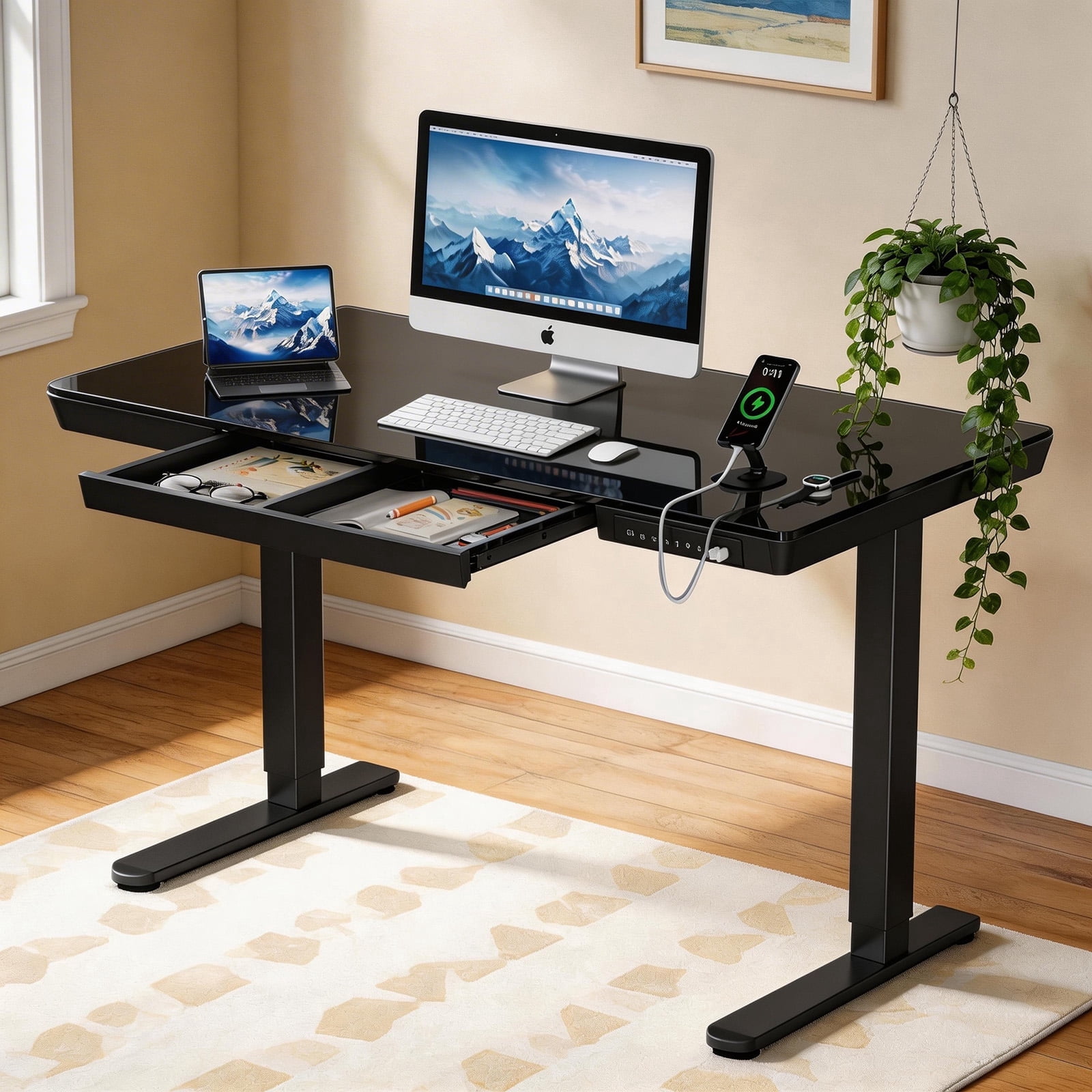 CHITOOMA Glass Top Electric Standing Desk with Drawer, 48'' x 24'' Electric Height Adjustable Desk with USB Charging Ports, Sit Stand up for Home Office
