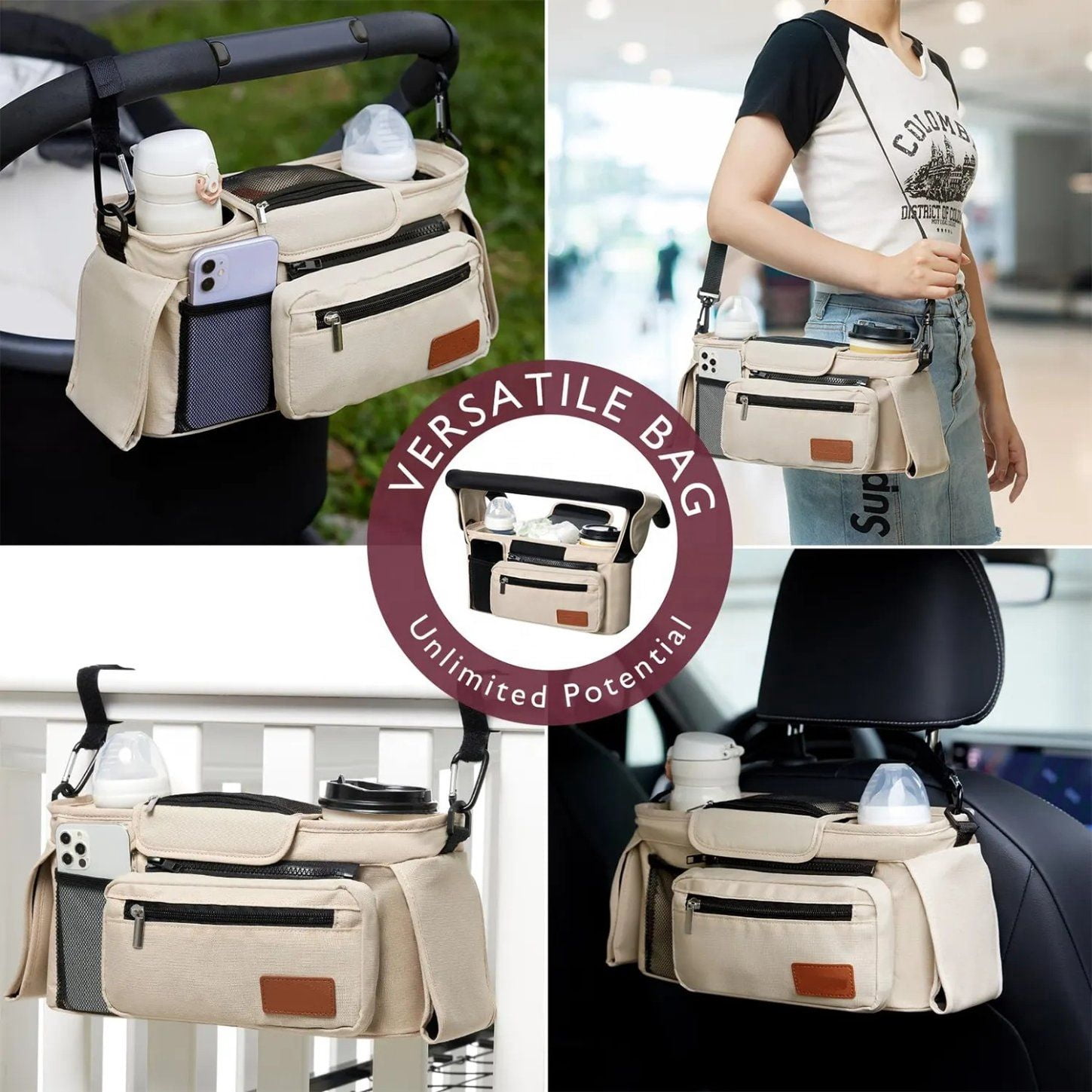 Momcozy Universal Stroller Organizer Multi-functional 3 in 1 Insulated, Adjustable Set with Detachable Phone Bag & Shoulder Strap, Khaki