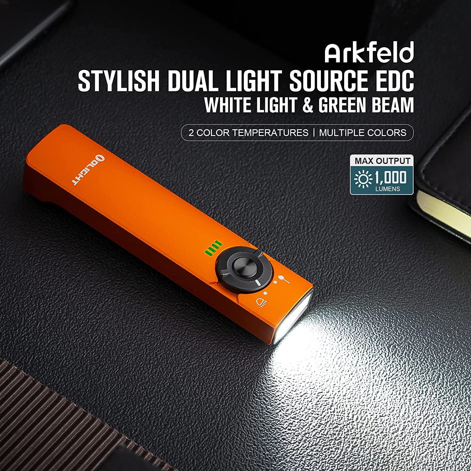 Olight Arkfeld EDC Flat Flashlight, 1000 Lumens LED Light with Green Beam, Rechargeable Battery, Orange