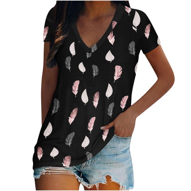 Blusa de camiseta con estampado de cuello en V de manga corta informal de verano a la moda para mujer Pompotops qwe24573