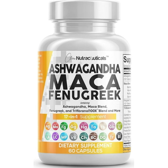 Clean Nutraceuticals Ashwagandha Maca Root Fenugreek Supplement with Tongkat Ali Ginseng - Assists with Stress, Mood & Thyroid - Ashwagandha Capsules Fenugreek Caps - 1 Pack
