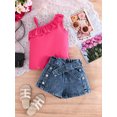 thumbnail image 4 of BemeyourBBs Toddler Baby Girls Summer Outfits Denim 2 Pieces Outfit Baby Girl Summer Clothes Sleeveless One Shoulder Ruffle Tank Vest Tops and Jeans Shorts Set with Belt, 4 of 9
