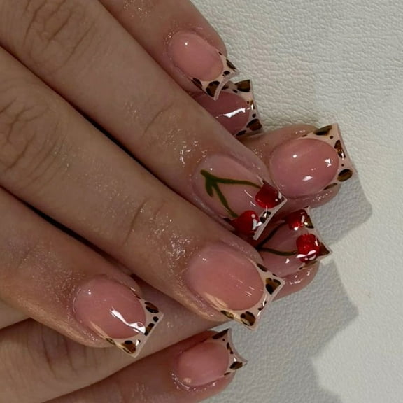 24 Pcs Leopards Print Acrylic Nails Fruit Full Covers On Nails French Tip Simple False Nails