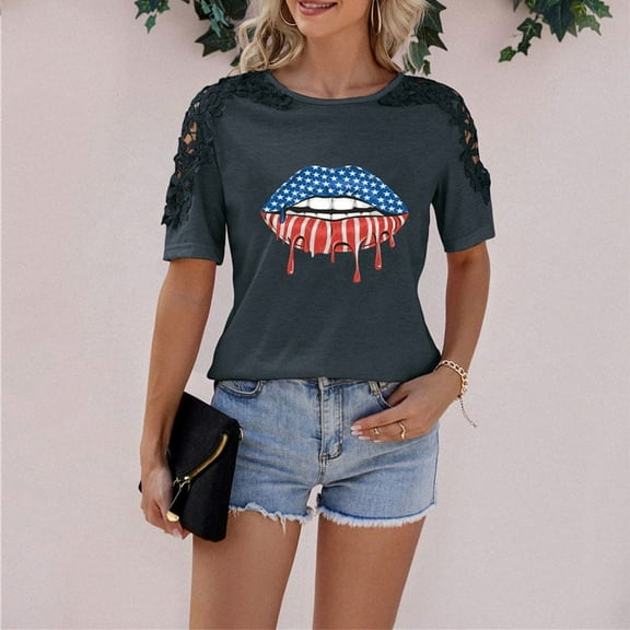 Independence Day Women's V Neck Lace Tank Tops Summer Casual Sleeveless Shirts Tops Side Split-3-3XL