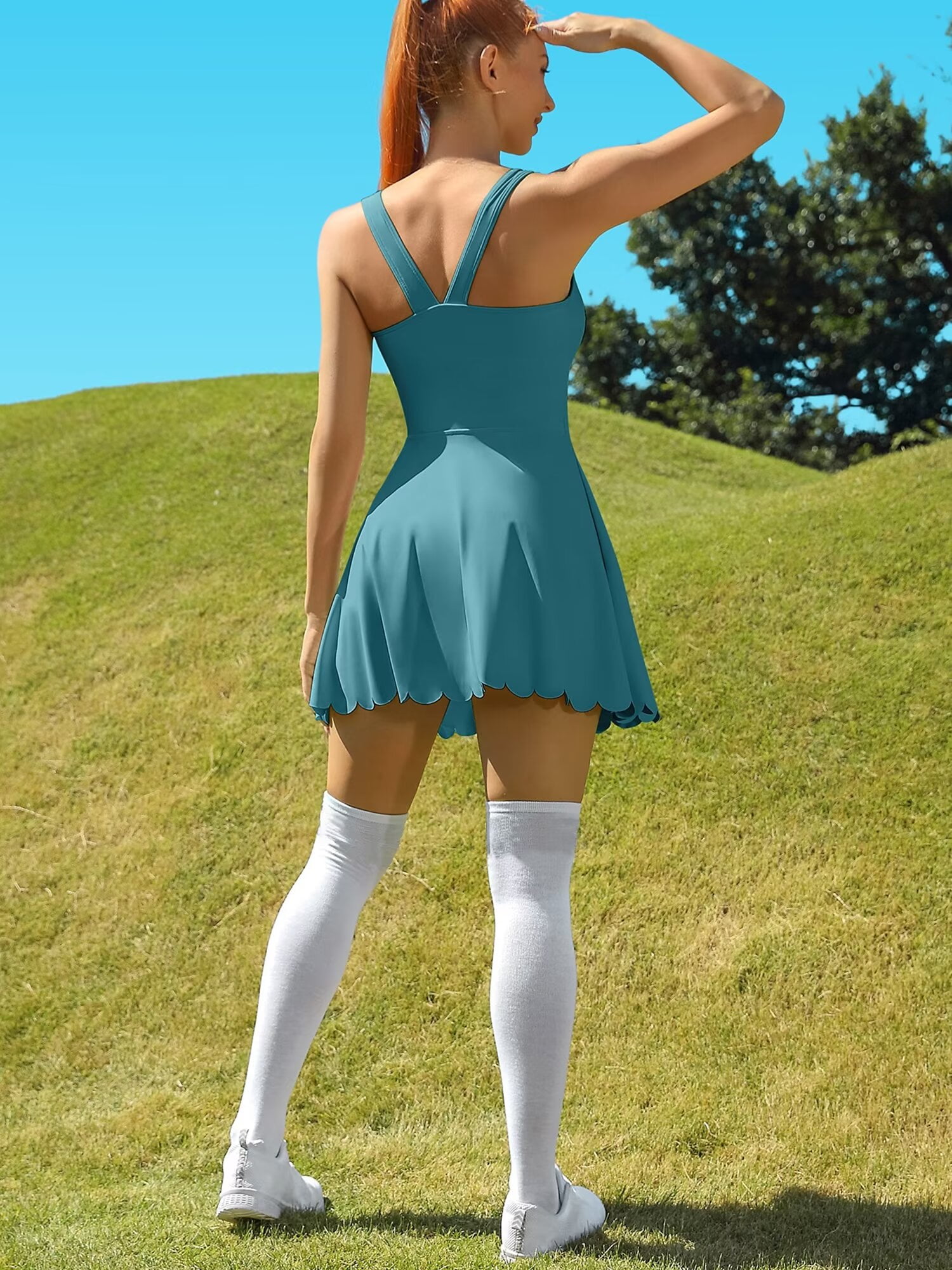 Women's V Back Tennis Golf Dress with Shorts and Built-in Bra Athletic Dress with Pockets
