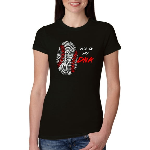 Wild Bobby, Baseball Fingerprint It's In My DNA, Sports, Women Slim Fit Junior Tee, Black, Small