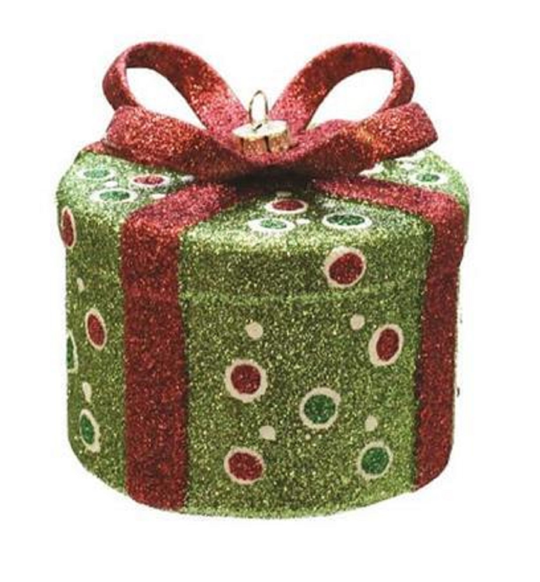 3.25" Green and Red Glitter PolkaDot Round Gift Box Christmas Ornament