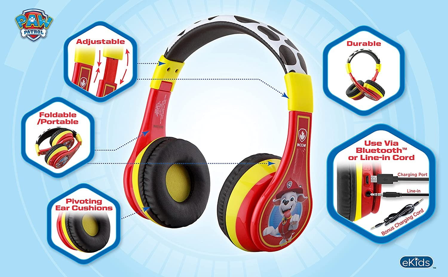 ekids Paw Patrol Bluetooth Headphones for Kids, Wireless Headphones with Microphone