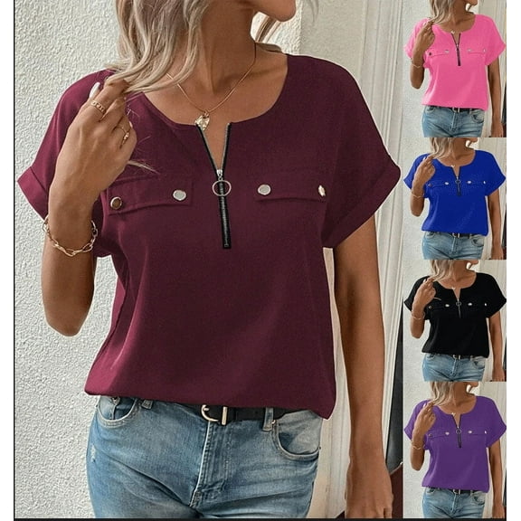 MORTTIC Women's V-Neck Zipper Top, Solid Color Short Sleeve Blouse for Office or Daily Wear, S
