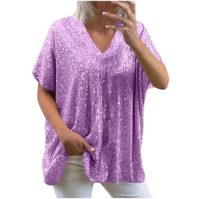 Dealovy Sequin Top for Women Short Sleeve V Neck Loose Sparkly Casual Summer Solid Comfy Blouses