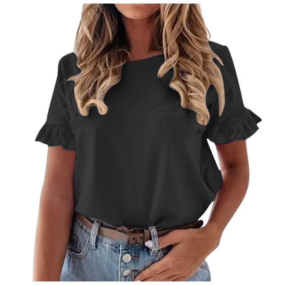 Women's Short Sleeve Casual T Shirts Summer Ruffle Plain Round Neck Loose Fit Tee Blouse Tops